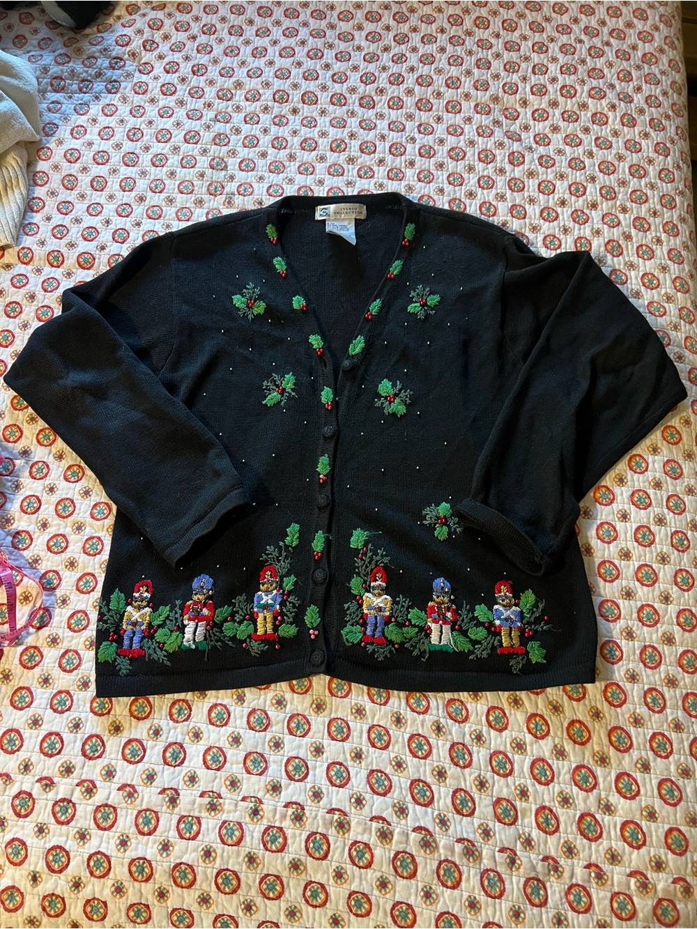 Vintage 90s Knit Christmas Nutcracker Beaded Cardigan Sweater size XL